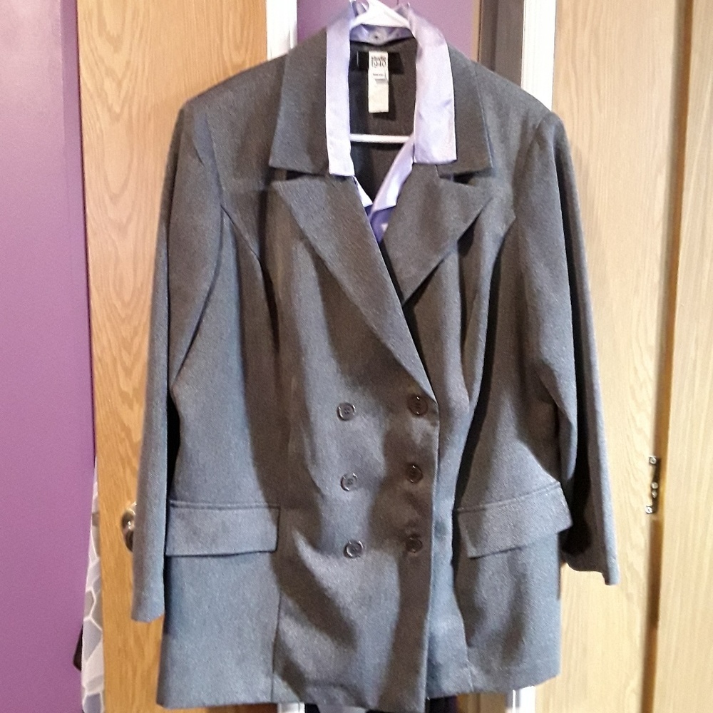 Dark gray suitcoat with purple dickie